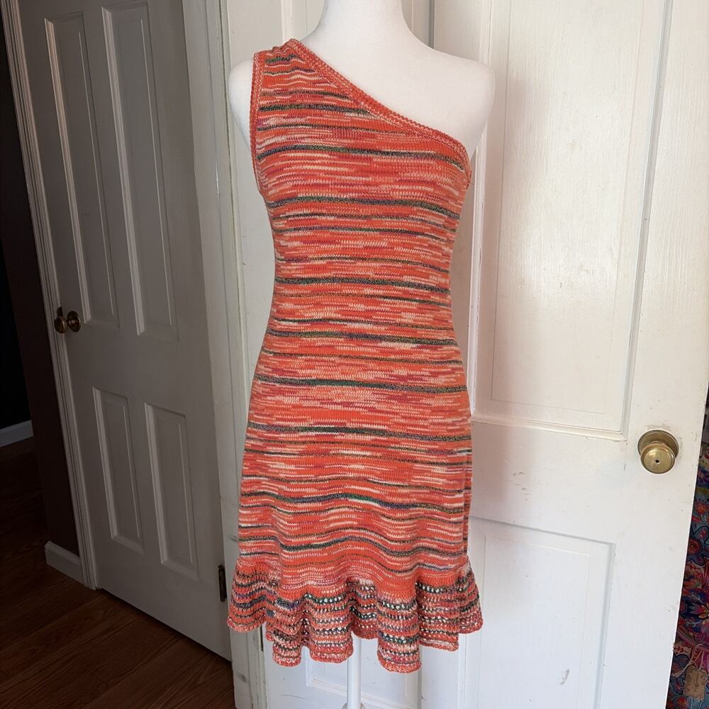 Anthropologie Women's One Shoulder Slim Flounce Sweater Dress S Orange Stripes